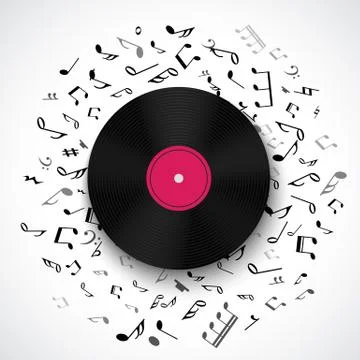 Abstract musical frame and border with black notes on white background Stock Illustration