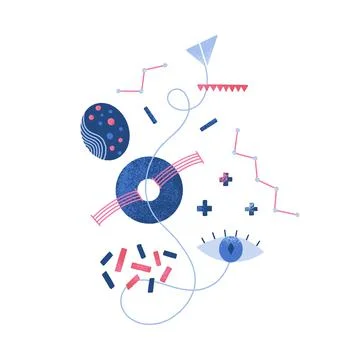 Abstract mysterious composition of eye, different textured shapes and lines.  Illustrazione stock