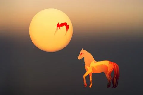 Abstract mystical background with unusual animals at sunset. Fantastic images Illustrazione stock