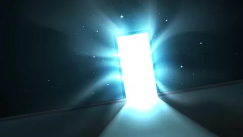 Abstract mystical glowing exit, light from the open door of dark room, hypnotic Stock Illustration