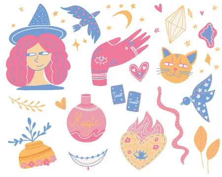 Abstract mystical set of vector hand drawn illustrations, stickers. 库存插图