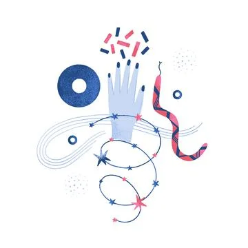 Abstract mythical mysterious composition of snake, hand, different shapes. Mo Stock Illustration