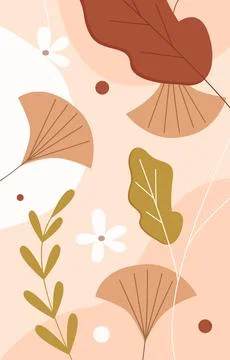 Abstract natural pattern with minimalist Ginkgo leaves, flowers and tree Stock Illustration
