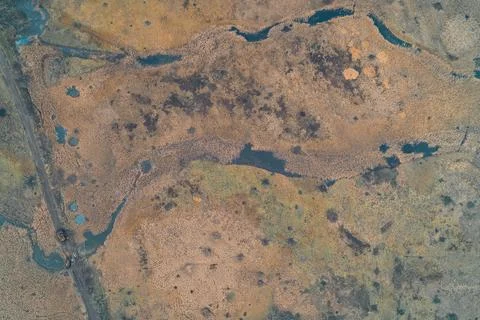Abstract natural pattern of vast marshlands and swamp terrain with winding blue Foto stock