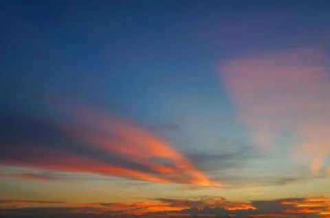 Abstract nature background. Dramatic blue sky with orange colorful sunset clo 写真素材