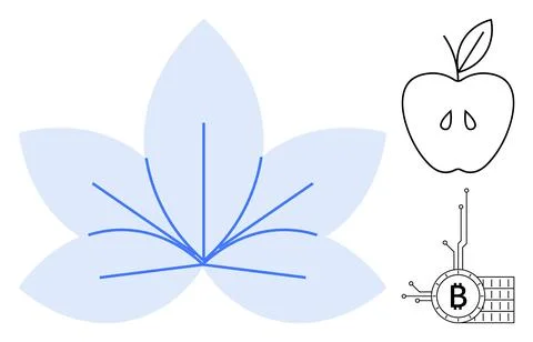 Abstract Nature Leaf, Apple Outline and Bitcoin Technology Symbols Combinin.. Stock Illustration