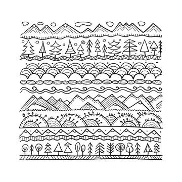 Abstract Nature Pattern Frame for your design. Forest and Mountain icons. Ethnic Stock Illustration