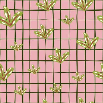 Abstract nature seamless pattern with green simple leaf silhouettes. Pink che Illustrazione stock