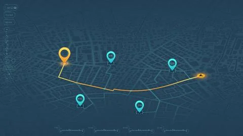 An abstract navigation plan highlights POI including city streets, blocks. City Stock Illustration