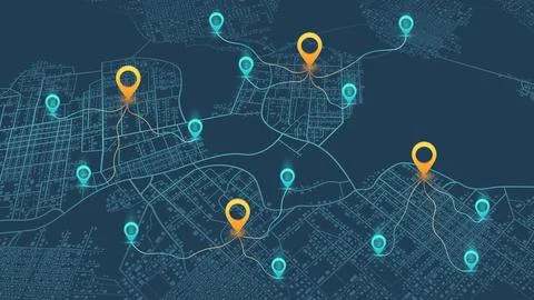 An abstract navigation plan highlights POI including city streets, blocks. 库存插图