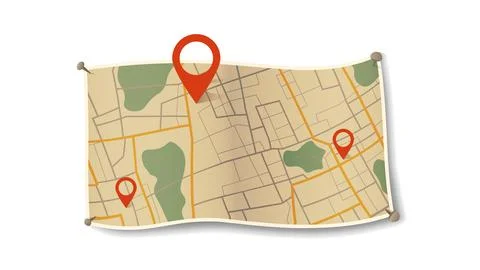 Abstract navigation plan of small urban area with pins. Generic city map. Simple Stock Illustration