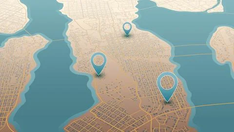 Abstract navigation plan of urban area with POI. Isometric generic city map with Stock Illustration
