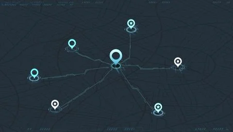 Abstract navigation through multiple POI. Online location tracking with arrival Stock Illustration