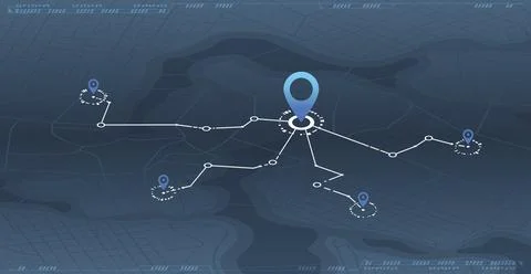 Abstract navigation through multiple POI. Online location tracking with arrival Stock Illustration