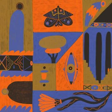 Abstract Neo Primitive Drawing With Various Natural Elements Stock Illustration