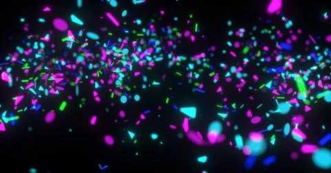 Abstract neon 3d rendered background. Geometrical elements and particles fly  스톡 일러스트