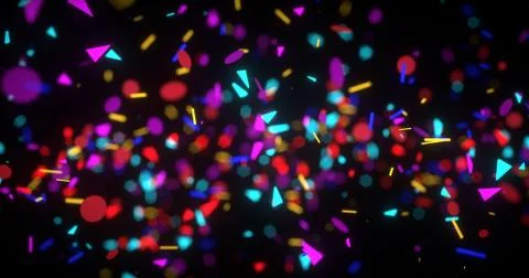 Abstract neon 3d rendered background. Geometrical elements and particles fly  Illustrazione stock
