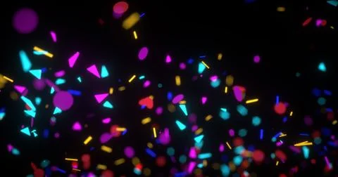 Abstract neon 3d rendered background. Geometrical elements and particles fly  Stock Illustration
