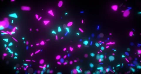 Abstract neon 3d rendered background. Geometrical elements and particles fly  Illustrazione stock