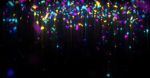 Abstract neon 3d rendered background. Geometrical elements and particles fly  Stock Illustration