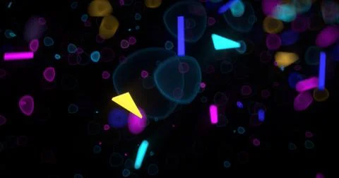 Abstract neon 3d rendered background. Geometrical elements and particles fly  스톡 일러스트