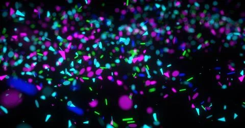 Abstract neon 3d rendered background. Geometrical elements and particles fly  스톡 일러스트