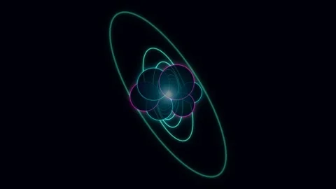 Abstract neon atom model rotating with glowing orbital rings Stock Footage 335941073