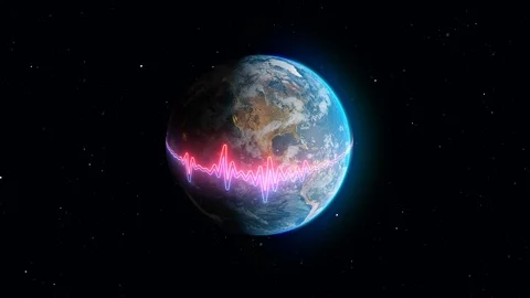 Abstract neon audio frequency spectrum glowing on the world Stock Footage 121427295
