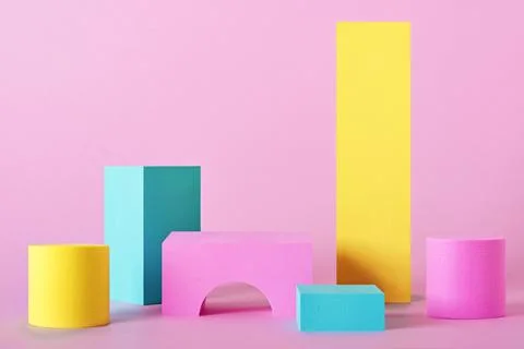 Abstract neon background with different shape podiums for products presentation Foto stock