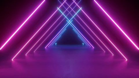 Abstract neon background, flight forward through triangular corridor, appeari Video stock 116416421