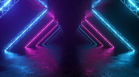 Abstract neon background flying forward through the corridor, glowing pink bl Stock Photos