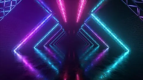 Abstract neon background flying forward through the corridor, glowing pink bl Stock Photos