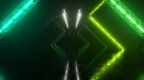 Abstract neon background flying forward through the corridor, glowing green b Stock Photos