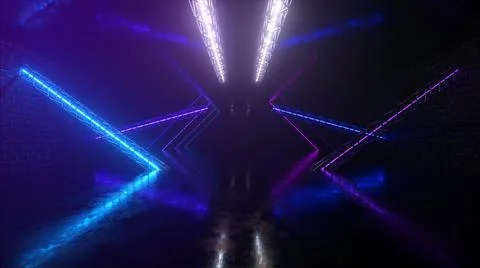 Abstract neon background flying forward through the corridor, glowing pink bl Stock Photos