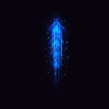 Abstract neon blue arrow pointing up with light effect, speed lines and glowing Stock Illustration