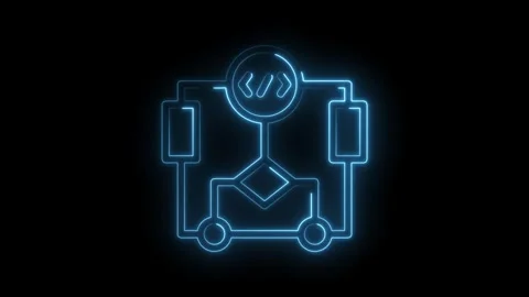 Abstract neon blue flowchart diagram with code symbols on black background .. Stock Footage 346014376