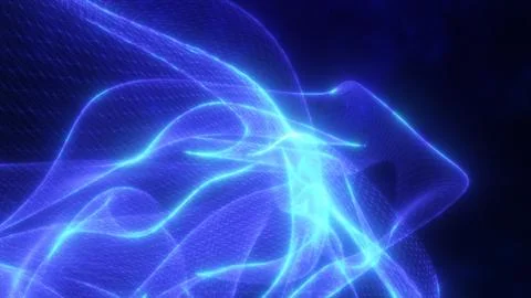 Abstract neon blue light waves on a dark background, creating a dynamic and f Stock Illustration
