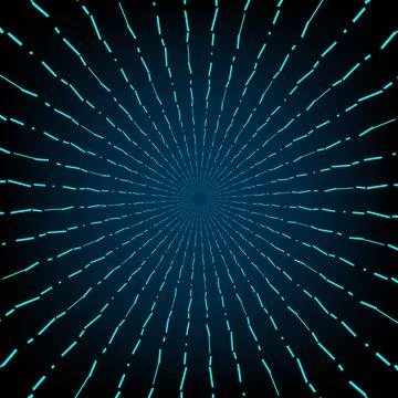 Abstract neon blue sunburst with dashed radial lines on dark background, fu.. Illustrazione stock