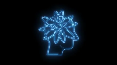 Abstract neon brain concept animation of a human head with orbiting elements Stock Footage 312320036