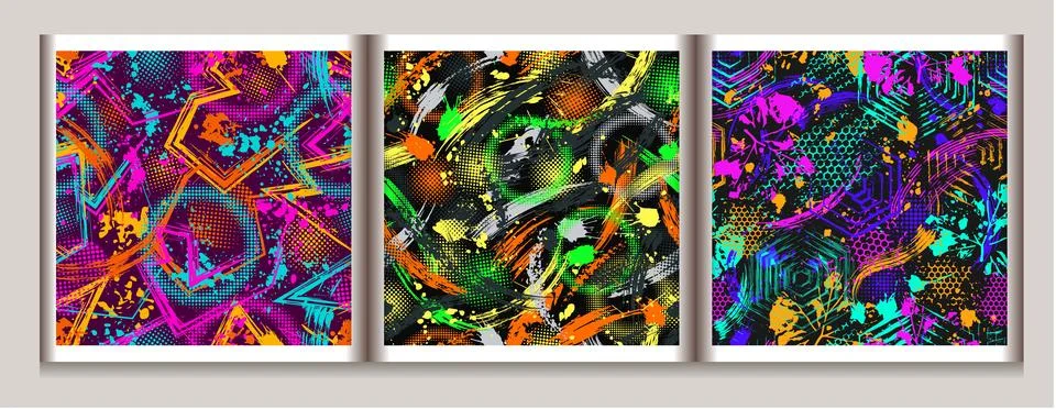 Abstract neon bright patterns with paint splatter Stock Illustration