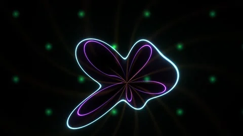 Abstract Neon Butterfly Shape Glowing on Black Background with Green Dots. Stock Footage 334496094