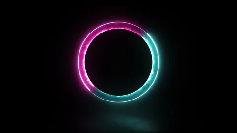 Abstract neon circle frame rotating with vibrant pink and blue gradient on black Stock Footage 336311670