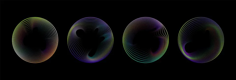 Abstract neon circles. Gradient circular frames with wavy dynamic curve lines Stock Illustration