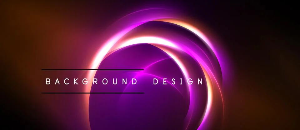 Abstract neon circles overlap, creating vibrant glow. Dark background empha.. 库存插图