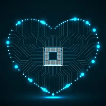 Abstract neon circuit board in shape of heart, technology background, vector  Stockillustratie