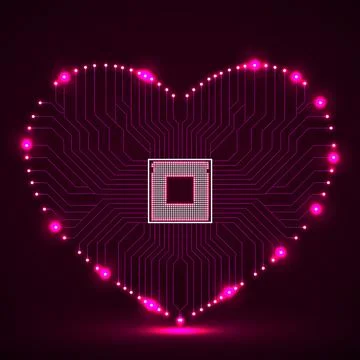 Abstract neon circuit board in shape of heart, technology background, vector Stockillustratie