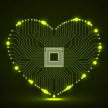 Abstract neon circuit board in shape of heart, technology background, vector Illustrazione stock