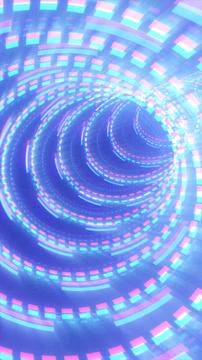 Abstract neon circular tunnel of segmented light rings in blue, cyan and pi.. Illustrazione stock