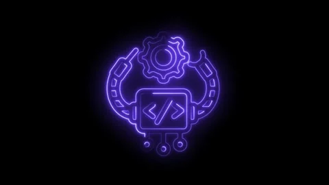 Abstract neon coding process animation on black background with gear and co.. Stock Footage 312310870