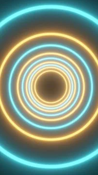 Abstract neon concentric circles in cyan and yellow light, creating a futur.. Stock Illustration
